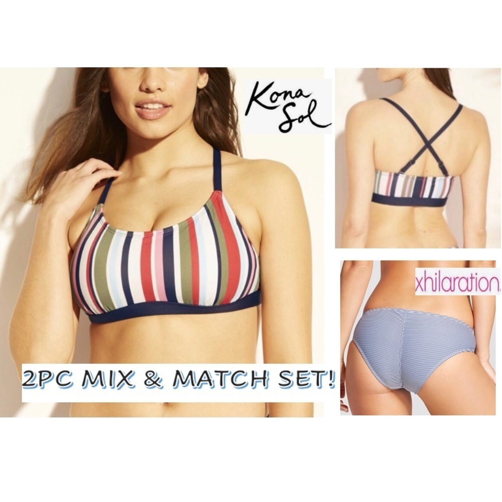 2Pc Mix & Match Striped Bralette Cheeky Bikini Set
